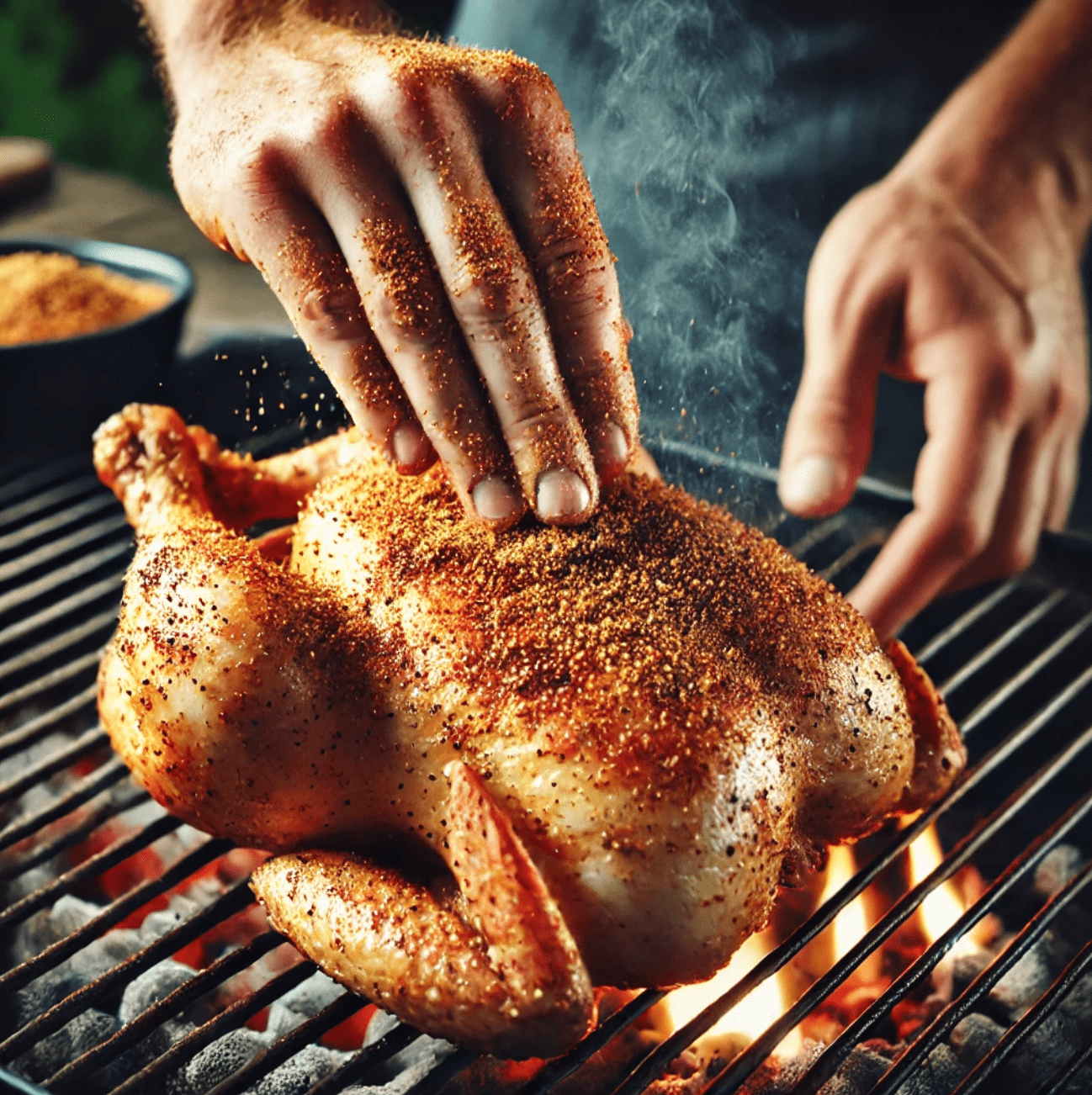 Chicken being seasoned on a grill